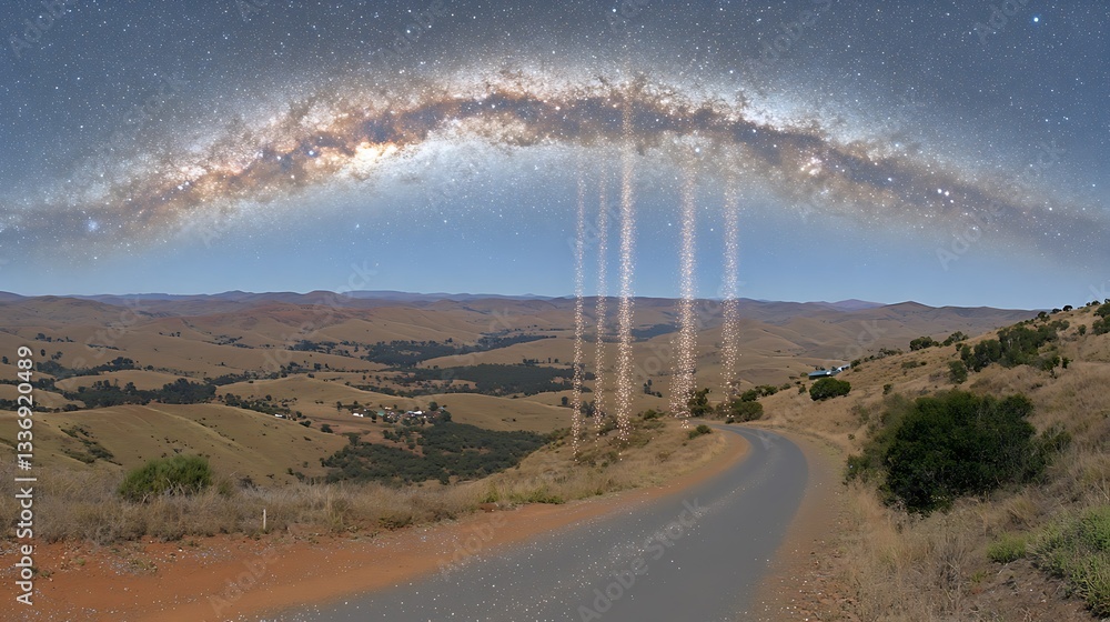 Milky Way arch over road, hills, night