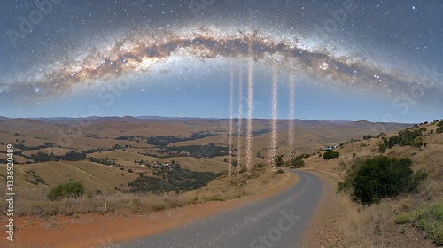 Obraz na płótnie Milky Way arch over road, hills, night w salonie