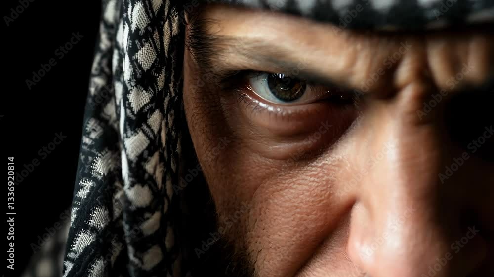 This striking close-up captures a man in traditional Middle Eastern attire, portraying intense emotions and a powerful gaze that tells a compelling story. This striking close-up captures a man in traditional Middle Eastern attire, portraying intense emotions and a powerful gaze that tells a compelling story.
