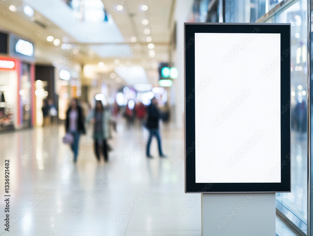 A blank digital advertising display in a shopping mall with blurred shoppers in the background. The bright and modern scene is perfect for a mockup. A blank digital advertising display in a shopping mall with blurred shoppers in the background. The bright and modern scene is perfect for a mockup.