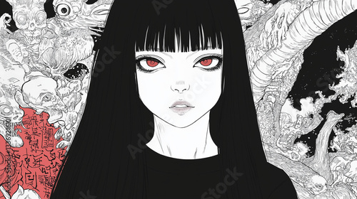 Dark anime-style illustration of a mysterious girl  