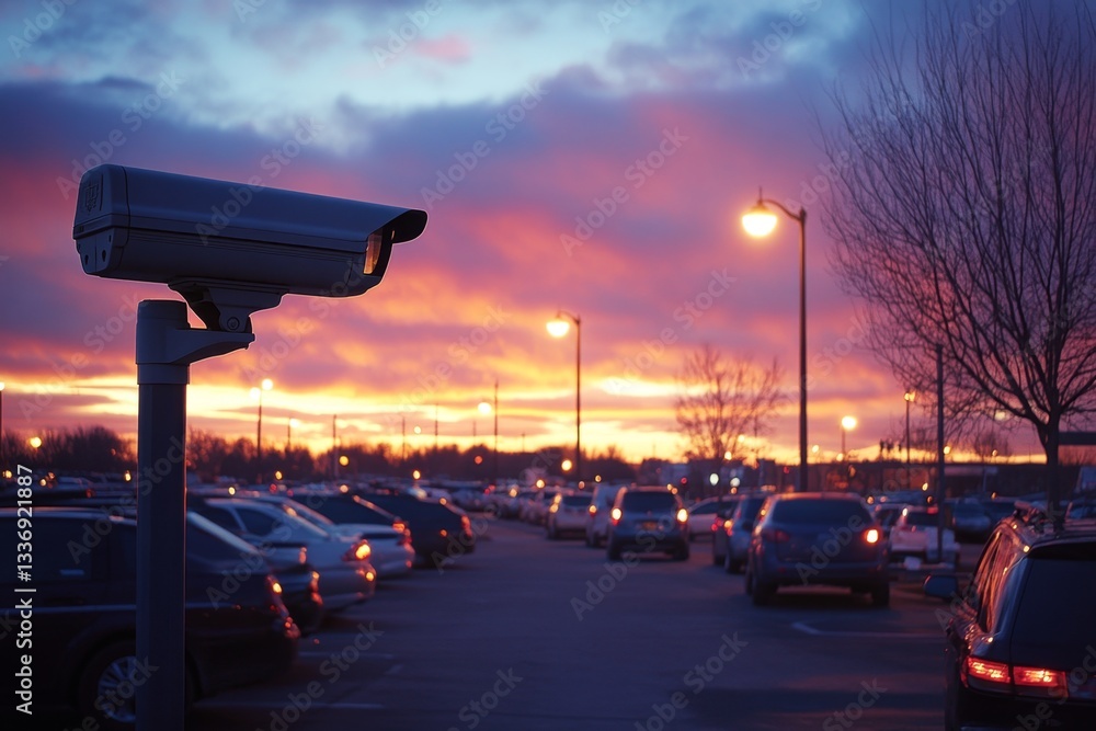 Security camera at dusk in a parking lot Security camera at dusk in a parking lot