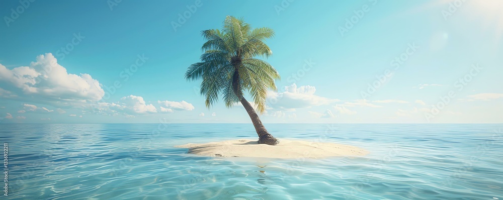 Fototapeta premium A serene tropical island featuring a lone palm tree surrounded by crystal clear waters and a clear blue sky, perfect for relaxation and calmness.