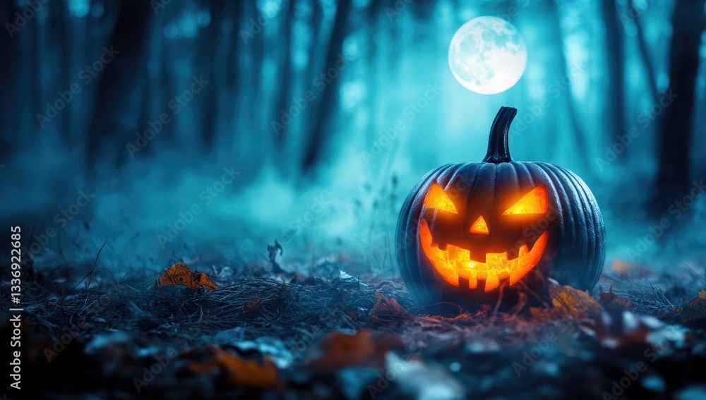 Fototapeta premium Spooky Halloween Jack-o'-lantern in a Mystical Forest