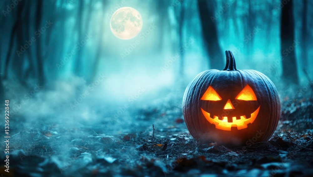 Naklejka premium Spooky Halloween Jack-o'-lantern in a Mystical Forest