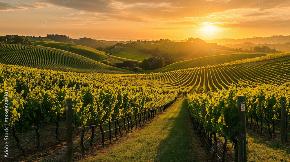Fototapeta premium Lush Green Vineyard at Sunrise with Rolling Hills and Warm Golden Light