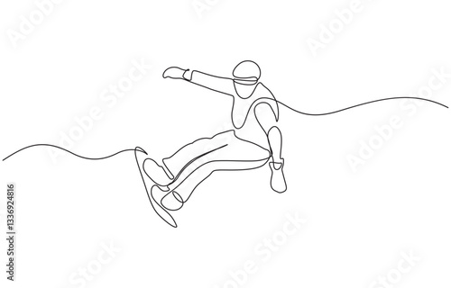 Continuous One Line Snowboarder Drawing Minimalist Winter Sports, Single line sketch drawing of man snowboarder ride speed at mountain. One line art of extreme sport winter snowboard vector.