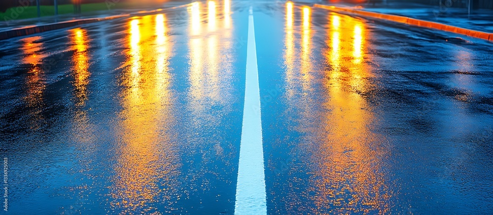 Wet road, night lights reflection