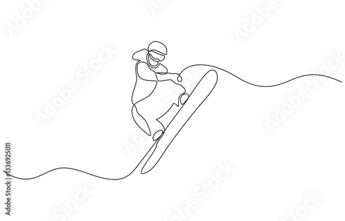Continuous One Line Snowboarder Drawing Minimalist Winter Sports, Single line sketch drawing of man snowboarder ride speed at mountain. One line art of extreme sport winter snowboard vector.