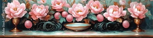 Elegant Vector Art Featuring Pink Peonies in Golden Vases and Decorative Bowls Amidst Lush Greenery - Perfect for Home Decor and Artistic Inspiration