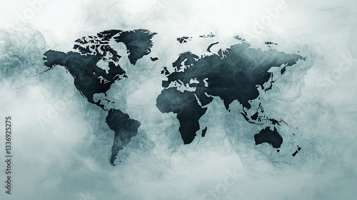 Fototapeta Naklejka Na Ścianę i Meble -  blue ink world map on white background, smokey fog watercolor atmosphere, global globe one world 2d illustration geography planet earth geographic illustration