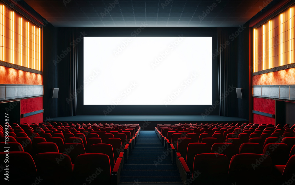 A luxurious cinema hall with a large blank movie screen and elegant ambient lighting. The immersive and modern scene is perfect for a mockup. A luxurious cinema hall with a large blank movie screen and elegant ambient lighting. The immersive and modern scene is perfect for a mockup.