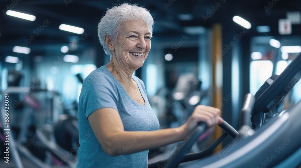 Obraz premium Elderly Person Smiling While Using Treadmill in Bright, Modern Gym for Health and Independence
