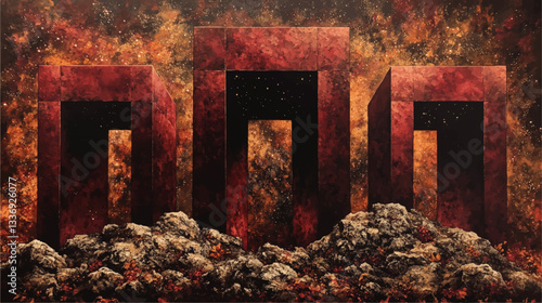 Mystical Abstract Art Vector with Ancient Stone Portals in Cosmic Red and Orange Nebula Landscape Featuring Craggy Rocky Terrain and Starry Night Sky