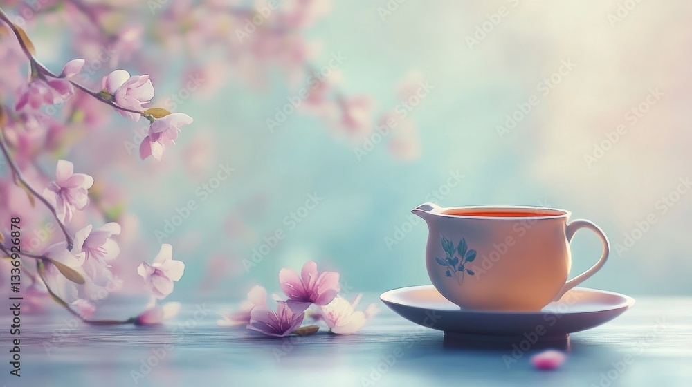 Enjoying Tea Time Still Life with Cherry Blossoms and Soft Lighting Enjoying Tea Time Still Life with Cherry Blossoms and Soft Lighting