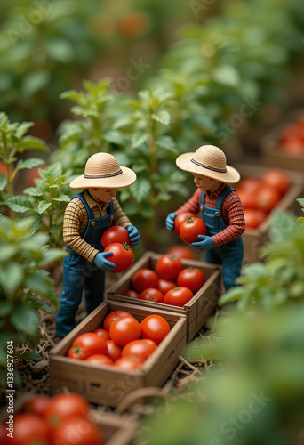 Two Miniature Farmers Picking Ripe Tomatoes. Surreal Creative Scene. Generative AI
