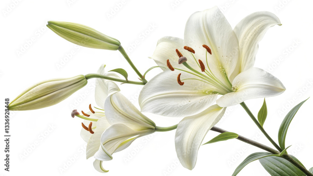 delicate white lily with intricate details showcases its elegant petals and vibrant stamens, creating serene and calming atmosphere. flower beauty is enhanced by its graceful buds, symbolizing delicate white lily with intricate details showcases its elegant petals and vibrant stamens, creating serene and calming atmosphere. flower beauty is enhanced by its graceful buds, symbolizing