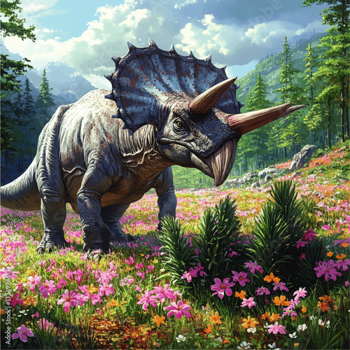 Majestic Triceratops Dinosaur Grazing in Colorful Wildflower Meadow with Pine Trees and Mountain Landscape Under Blue Sky - Beautiful Prehistoric Nature Vector Art