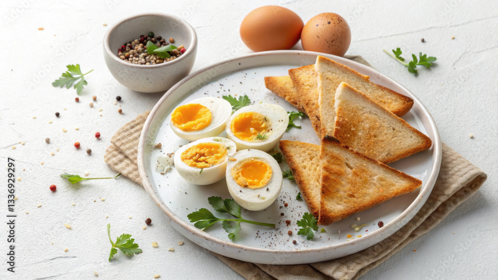 plate of soft boiled eggs served with toasted bread, garnished with herbs and spices, creates delightful breakfast scene. warm colors and textures evoke cozy morning atmosphere plate of soft boiled eggs served with toasted bread, garnished with herbs and spices, creates delightful breakfast scene. warm colors and textures evoke cozy morning atmosphere