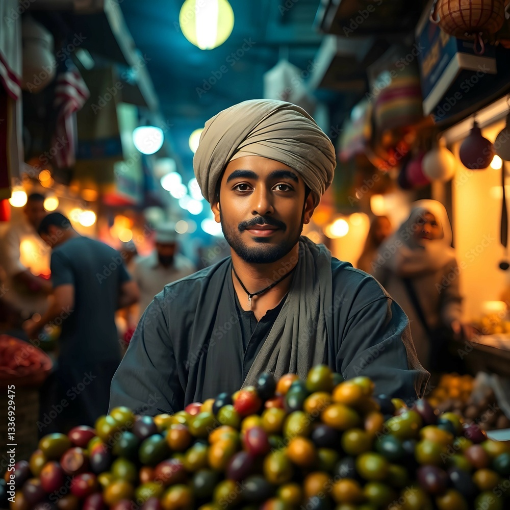 Fototapeta premium Traditional middle eastern market vendor selling fresh fruits