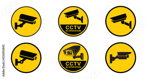 Security camera icon set in yellow circles, video surveillance, cctv sign. Symbol indicating camera operation. Warning monitoring, safety home protection system. Fixed CCTV, Vector illustration EPS 10