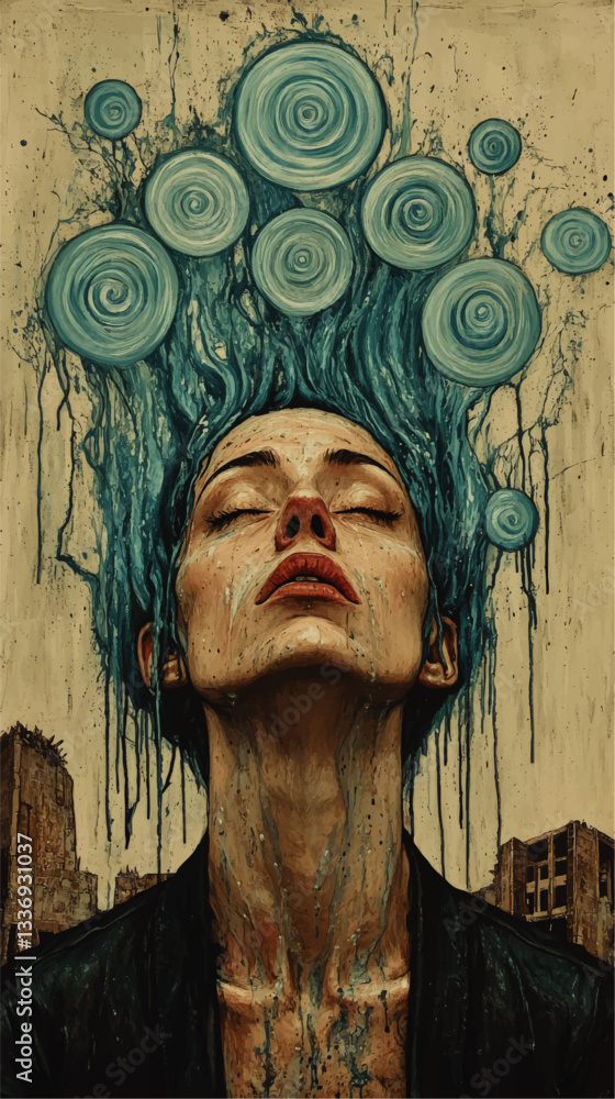 Surreal Vector Art: Woman with Blue Swirling Water Hair Against Urban Ruins | Abstract Expressionism Depicting Emotion and Nature Fusion in Creative Design