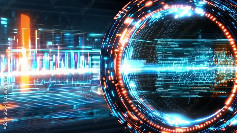 Futuristic Glowing Digital Energy Vortex with Swirling Fractals in the Cosmic Universe. Abstract science and technology background with a spiraling tunnel of light,energy,and motion.