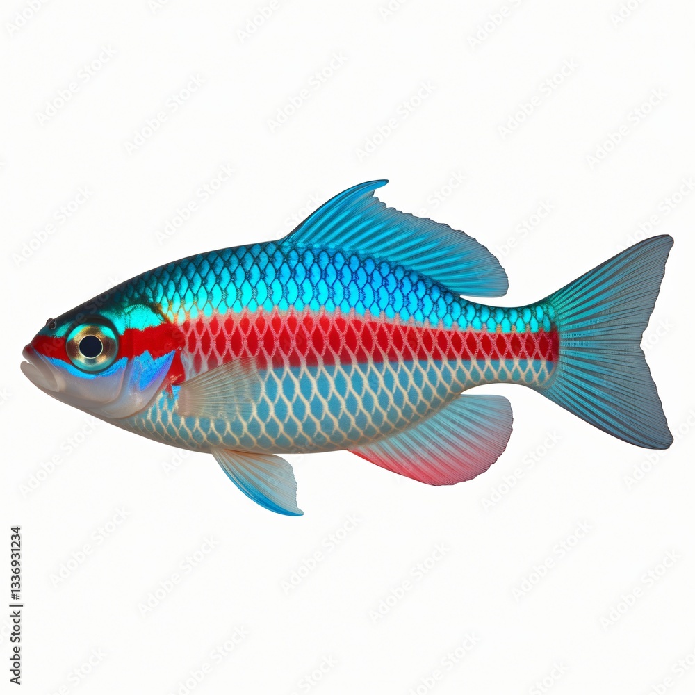 Fototapeta premium Vibrant Blue Fish with Prominent Red Stripe and Diamond-Like Scales on a White Background..