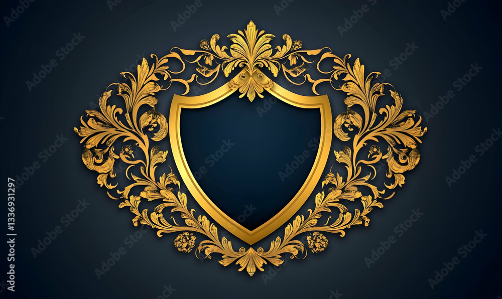 Ornate golden shield design with intricate floral patterns on a dark background, suitable for branding Ornate golden shield design with intricate floral patterns on a dark background, suitable for branding