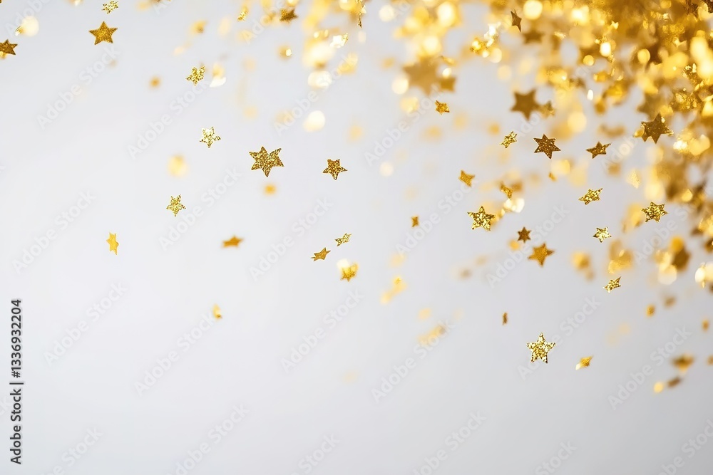 Obraz premium Sparkling Gold Star Confetti Falling on Light Grey Background Festive Design