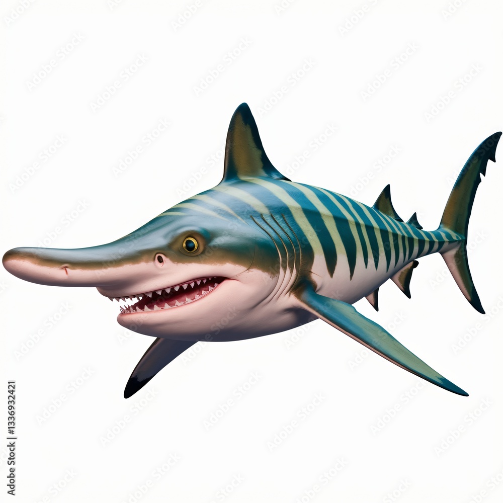Obraz premium 3D-Rendered Cartoon Shark with Horizontal Blue and Gray Stripes Isolated on a White Background.