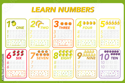 Children cards numbers. Kids Learning Material. Learning numbers, tracing number practice worksheet for kids learning. Play cards for kids learning maths. Mathematics cards for children with fruits