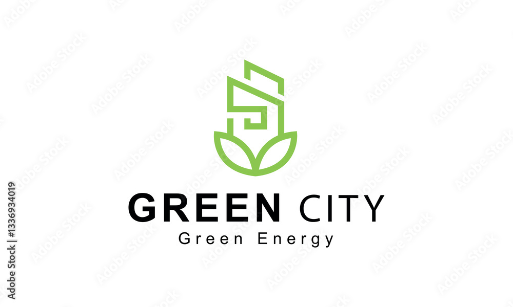Green city logo design. Building with leaf icon for nature real estate concept isolated on white background Green city logo design. Building with leaf icon for nature real estate concept isolated on white background