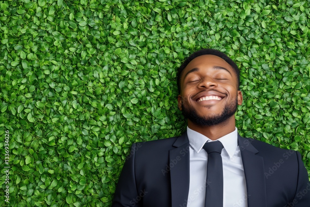 Smiling black businessman lying on green leaves, eyes closed, enjoying fresh air. Smiling black businessman lying on green leaves, eyes closed, enjoying fresh air.