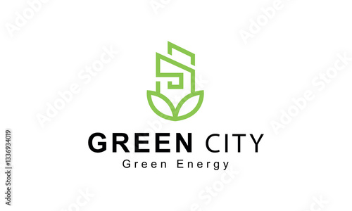 Green city logo design. Building with leaf icon for nature real estate concept isolated on white background