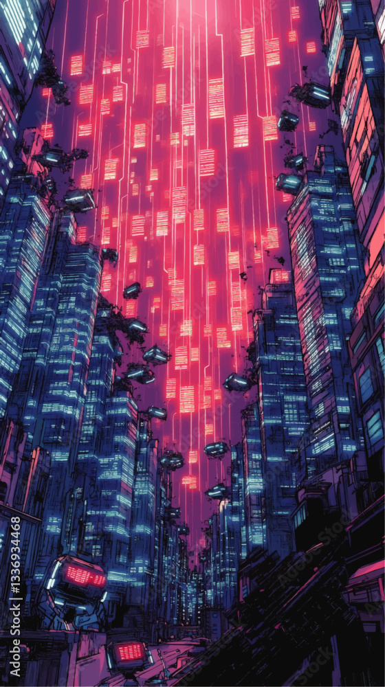 Futuristic Cyberpunk Cityscape Concept Art with Neon Lights and Flying Vehicles in a Sci-Fi Megacity High-Rise Urban Environment | Vector Illustration Futuristic Cyberpunk Cityscape Concept Art with Neon Lights and Flying Vehicles in a Sci-Fi Megacity High-Rise Urban Environment | Vector Illustration