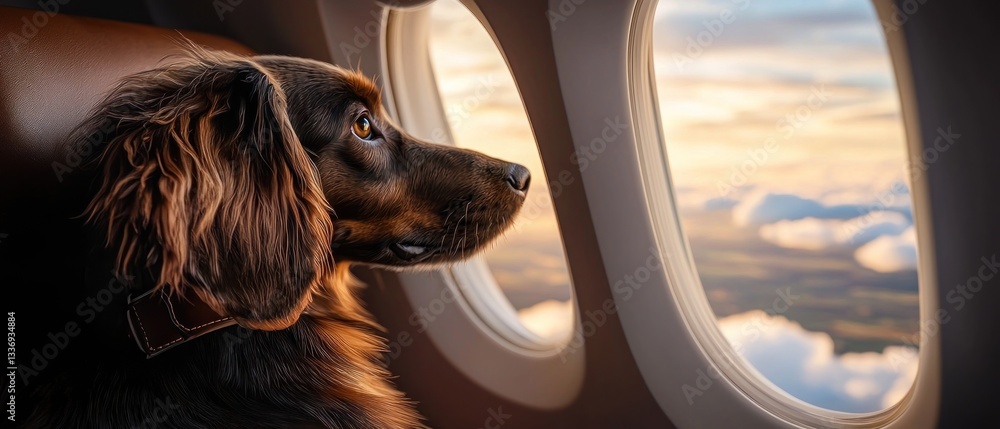 Fototapeta premium Dog looks out airplane window at sunset
