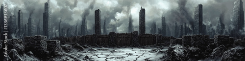 Apocalyptic Vector Art Depicting Post-Apocalyptic Cityscape with Desolate Ruins and Smoky Atmosphere Featuring Tall Skyscrapers and Abandoned Urban Decay