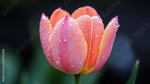 Glistening droplets cling to the surface of a pink tulip leaf, creating a stunning visual contrast against a blurred green background. The freshness of nature is on full display