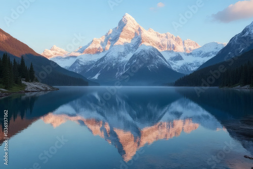 Majestic Snow-Capped Mountains Reflecting in a Serene Alpine Lake at Golden Hour