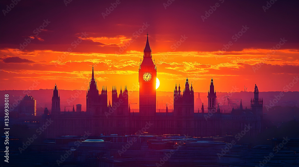 Fototapeta premium Sunset over the iconic Big Ben and Houses of Parliament, showcasing vibrant colors and silhouettes