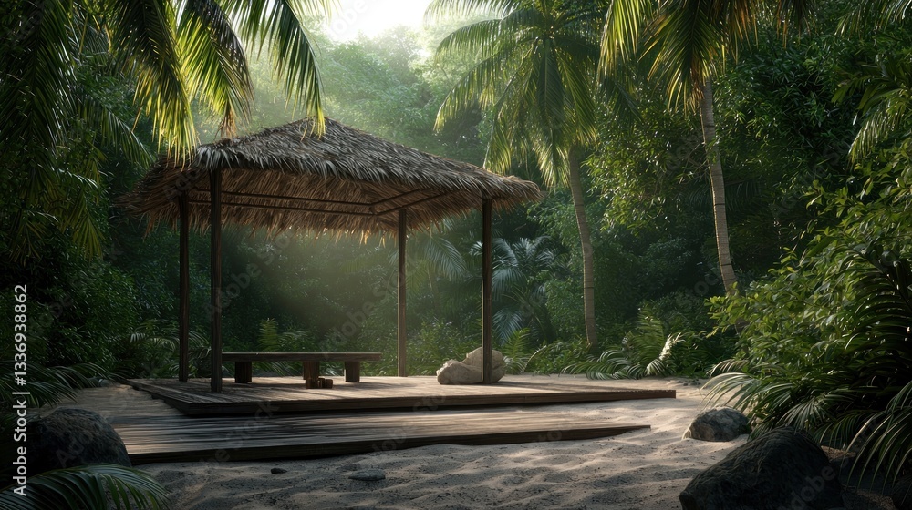 Naklejka premium Tropical thatched hut pavilion in a lush forest at sunrise