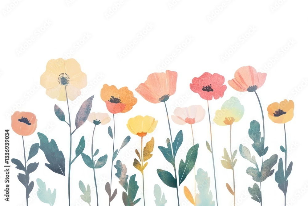 Fototapeta premium Colorful flowers with leaves illustration painting blossoms.
