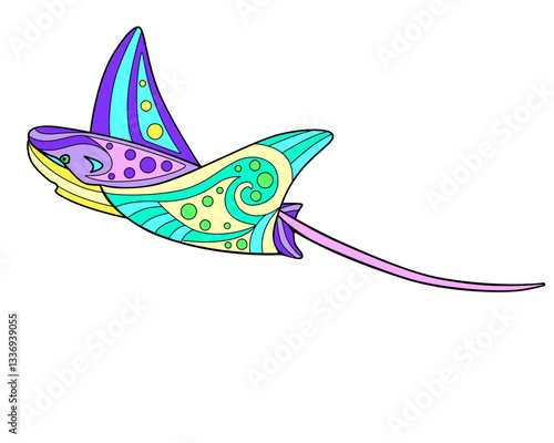 Electric stingray - vector linear full color zentangle illustration - with sea animal living in the ocean. Template for stained glass, batik or coloring. Electric stingray painted with zentangles