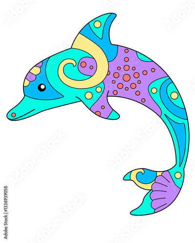 Bottlenose dolphin - vector linear full color zentangle illustration - with sea animal living in the ocean. Template for stained glass, batik or coloring. Dolphin painted with zentangles	