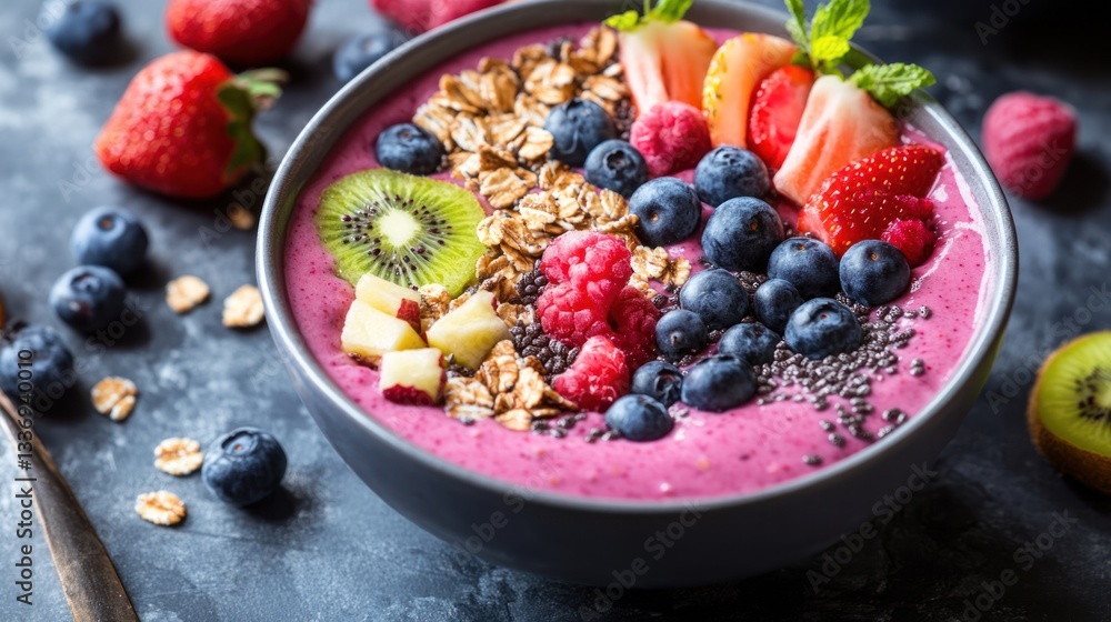 A Healthy Smoothie Bowl Garnished With Fresh Fruits and Granola A Healthy Smoothie Bowl Garnished With Fresh Fruits and Granola