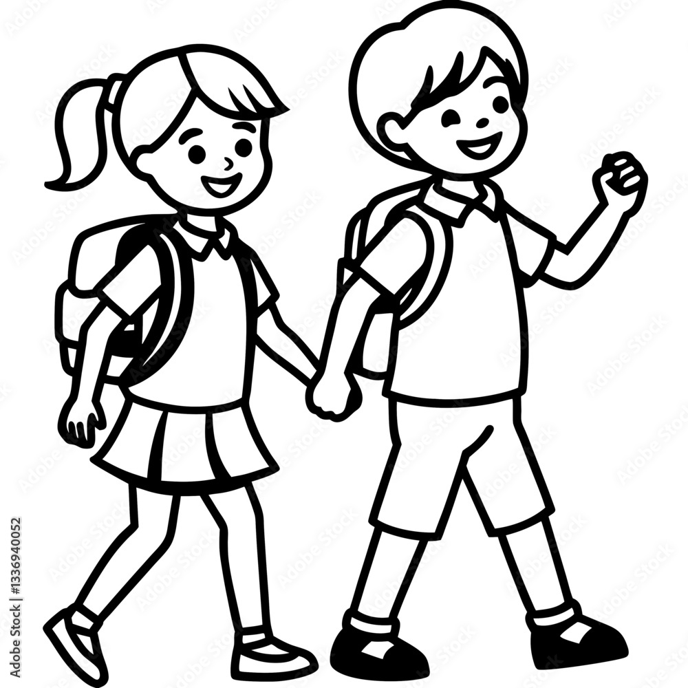 Minimalistic vector silhouette of two children walking side by side, Minimalistic vector silhouette of two children walking side by side,