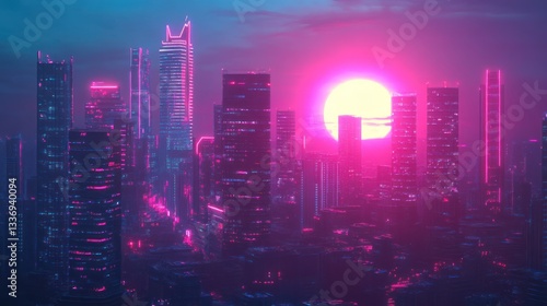 Wallpaper Mural Synthwave Cityscape: Neon Sunset over Futuristic Metropolis Torontodigital.ca
