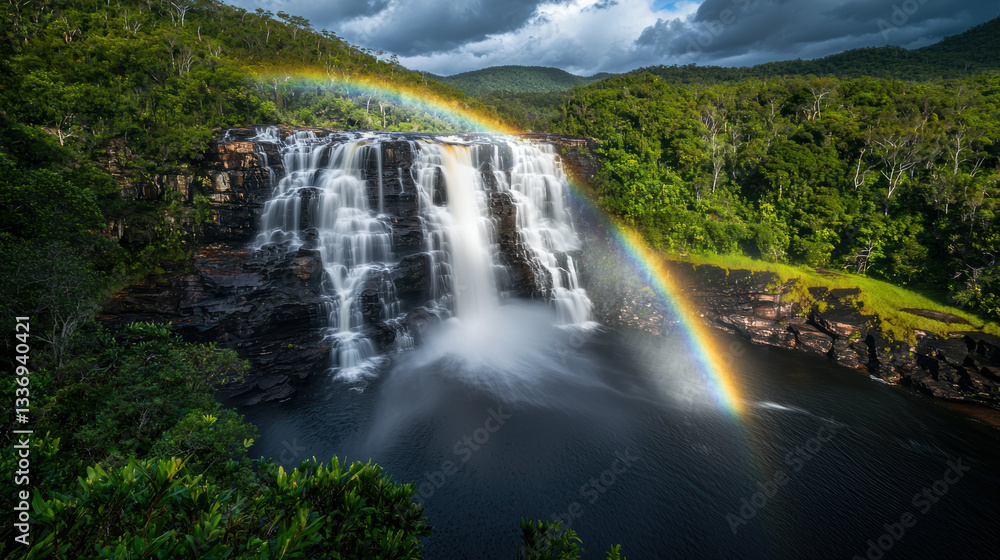 Fototapeta premium stunning waterfall cascading into serene pool, with vibrant rainbow arching across scene, surrounded by lush greenery and