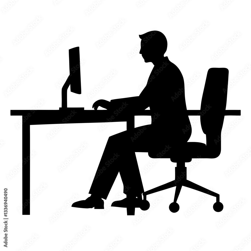vector silhouette illustration of a businessman sitting on an office chair at a table, working on a computer vector silhouette illustration of a businessman sitting on an office chair at a table, working on a computer